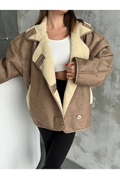 MEECY Blana interioară din piele intoarsa maro texturata Oversize Zr Coat