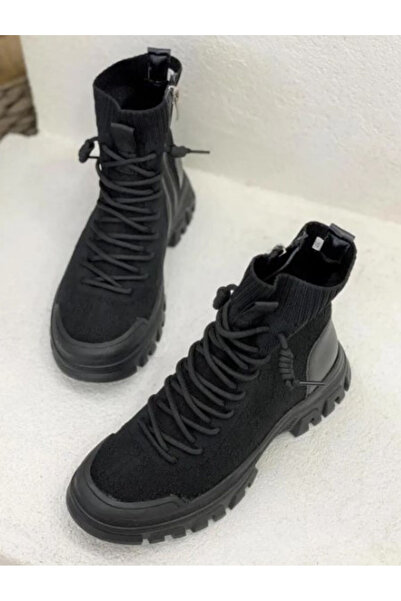 Guja Kadın 24K310 Siyah Triko Örme Likralı Platform Dolgu Kalın Taban Günlük Sneaker Spor Bot Ayakkabı