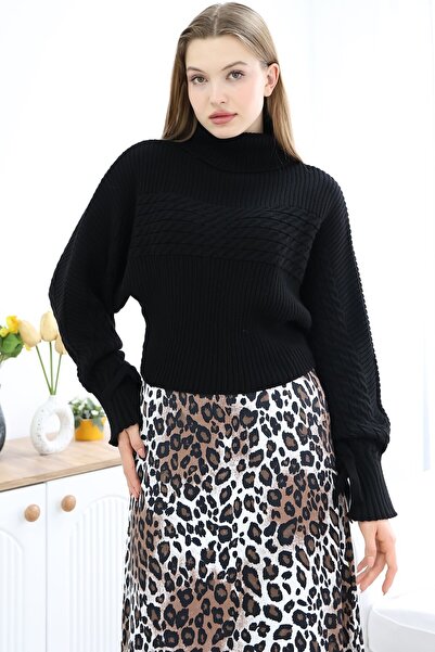 VEGENZE Women's Black Hair Knit Pattern Bat Sleeve Full Turtleneck Knitwear Sweater