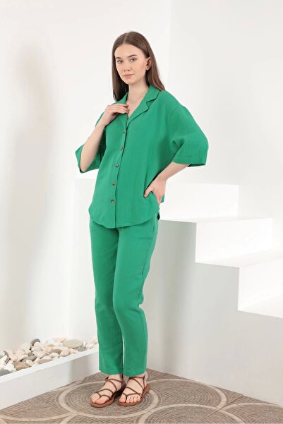 Genel Markalar Müslin Kumaş Rahat Kalıp Lastikli Kadın Pantolon-yeşil