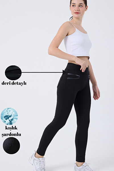 TREND34 Kadın Siyah Kışlık Yüksek Bel Deri Detaylı Arkası Çift Cepli Şardonlu...