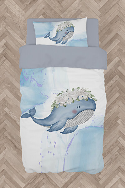 BAMBAŞKA MODA طقم غطاء لحاف بنمط الحوت الأزرق لغرفة الأطفال والرضع BMN-8338