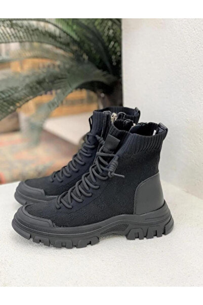 Guja Kadın 24K310 Siyah Triko Örme Likralı Platform Dolgu Kalın Taban Günlük Sneaker Spor Bot Ayakkabı