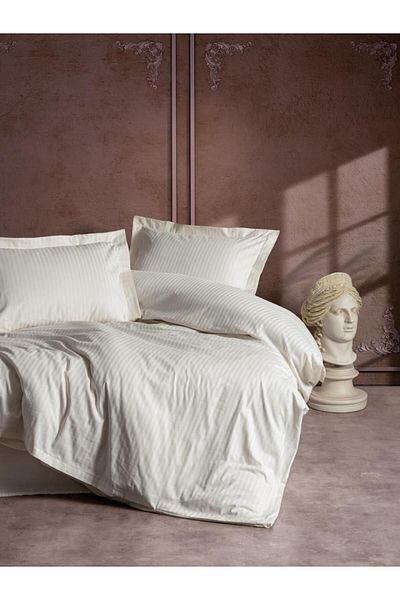 Cotton Box 1825-cb طقم غطاء لحاف ساتان مخطط أنيق من Ck Ecru