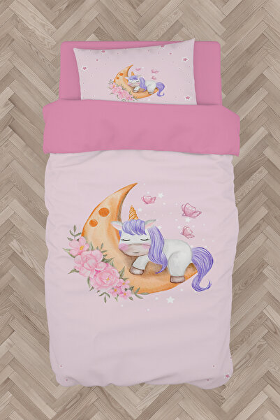 BAMBAŞKA MODA طقم غطاء لحاف وردي بنمط وحيد القرن - معانقة القمر، BMN-8081