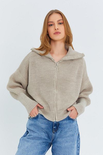 Mixray 6919 Women's Zippered Turtleneck Sweater Cardigan Stone