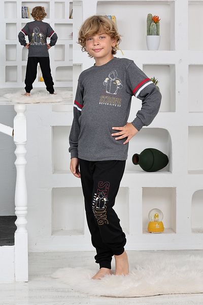 KAPİKİDS Long Sleeve Crew Neck Anthracite Melange Color Front and Back Printed Interlock Men's Pajamas Set