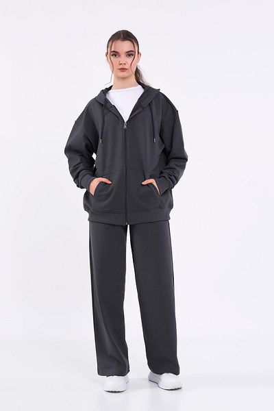 COMEOR Women's Anthracite Regular Fit Basic Elastic Waist Hooded Oversize Seasonal Bottom Top Tracksuit Set