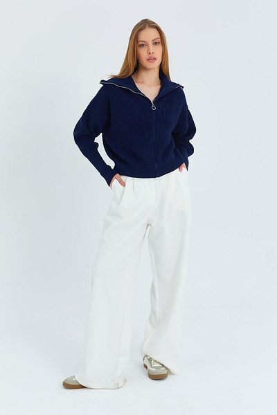 Mixray 6919 Women's Zippered Turtleneck Sweater Cardigan Navy Blue