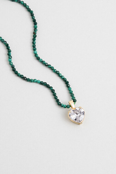 So CHIC... Malahit Kalp 18 Ayar Sarı Altın Kaplama 45 Cm Gümüş Kolye