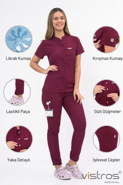 Vistros Medikal Premium Kumaş Gizli Cep Gizli Düğme Detaylı Likralı Scrubs Hemşire Doktor Üniforma (ALT-ÜST) V-004