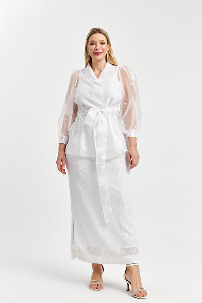 İnce Payet detaylı organze Ceket ve Payetli Etekli Büyük Beden Abiye 3lü Takım