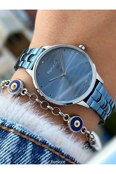 Ferrucci Marka Mavi Renk Çelik Kordon , Gümüş Renk Kasa Kadın Kol Saati+Bileklik