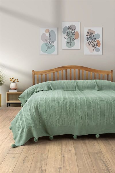 Sevim بطانية محبوكة مزدوجة - نسيج ناعم وتصميم أنيق - أخضر نعناعي - 220x240 سم