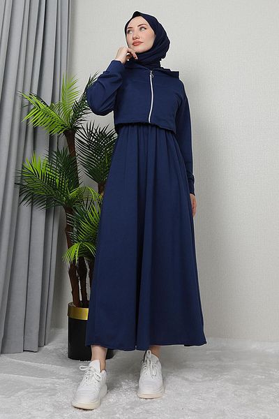 GİZ AGİYİM Crop Detail Zipper Dress Navy Blue