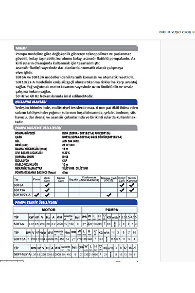 Sumak SDF6A Drenaj Dalgıç Pompa Paslanmaz Gövdeli MONOFAZE (220 V) 0.33 KW - 0.5 HP