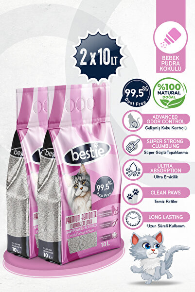 Bestie Bebek Pudrası Kokulu Topaklanan Kedi Kumu 10 Lt x 2 Adet