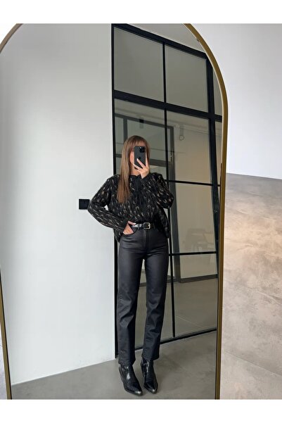 Rabia Çelik Kadın Siyah Yüksek Bel Marka Model Suni Deri Mumlu Jean Pantolon