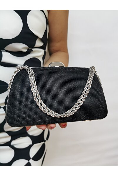 BEEGİ CONCEPT Women's Big Stone Black Evening Dress Clutch Night Chain Weddin...