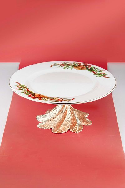 Bursa Porselen Dekor Christmas Bells Gold Metal Pedestal Plate
