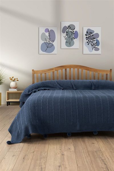 Sevim بطانية محبوكة مزدوجة - مفرش سرير أنيق وناعم مع بوم بوم - أزرق نيلي - 220x240 سم