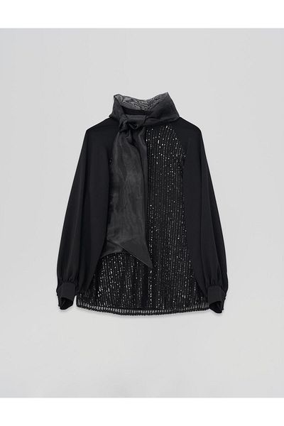 Kayra Black Organza Shawl Collar Blouse
