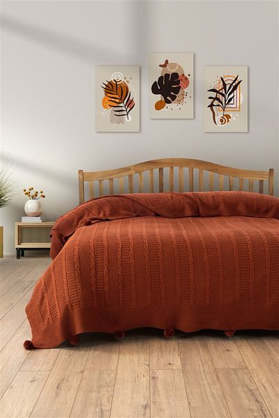 Sevim بطانية محبوكة مع بوم بوم مزدوج - تصميم ناعم وأنيق - بلاط - تيرا - 220x240 سم