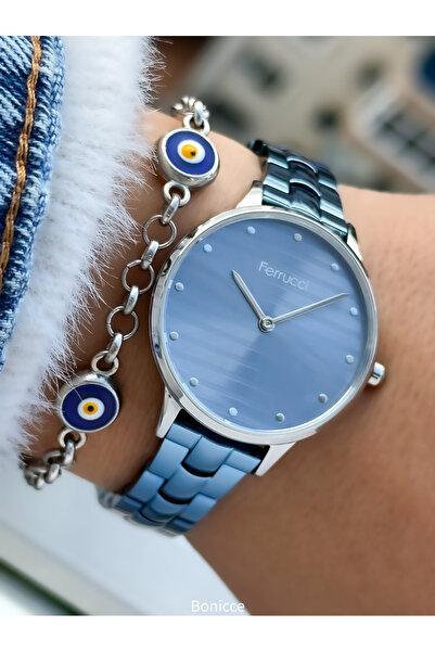 Ferrucci Marka Mavi Renk Çelik Kordon , Gümüş Renk Kasa Kadın Kol Saati+Bileklik