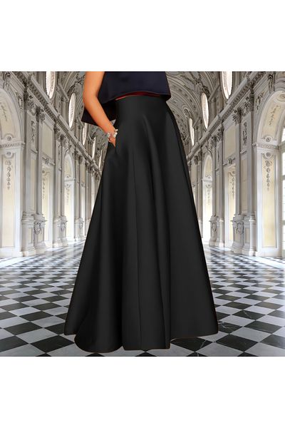 HSNLİFE Satin negru cu buzunar dublu cu talie înaltă Fusta maxi lungă din satin în linie A Fusta rochie de seară