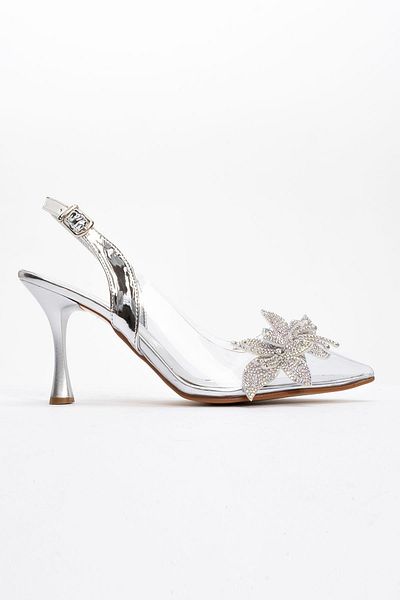 Ccway Pantofi cu toc de damă cu oglindă argintie cu model de flori cu pietre