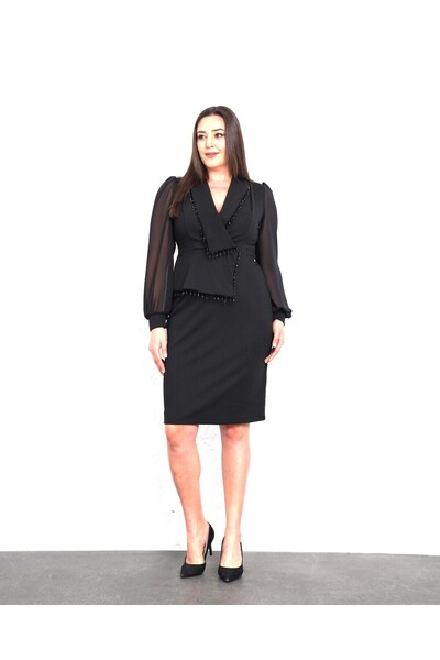 Şirin Butik Women's Black Plus Size Jacket Neckline Stone Detailed Evening Dress