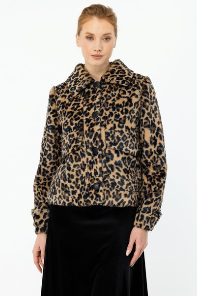 Ekol Leopar Desenli Peluş Mont Camel