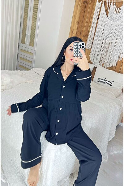 Pijamapartisi Siyah Renk Penye Kumaş Pileli Hamile Lohusa Pijama Takımı (geniş Kalıptır )
