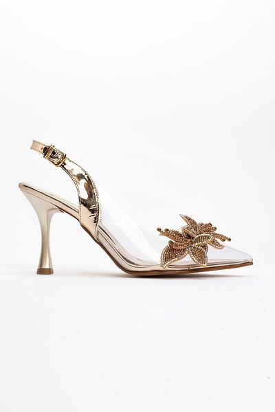 Ccway Pantofi cu toc de damă cu model de flori cu pietre - LAYT GOLD MIRROR