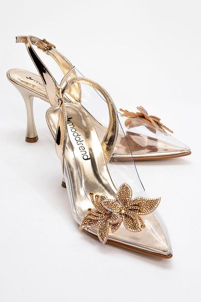 Ccway Pantofi cu toc de damă cu model de flori cu pietre - LAYT GOLD MIRROR