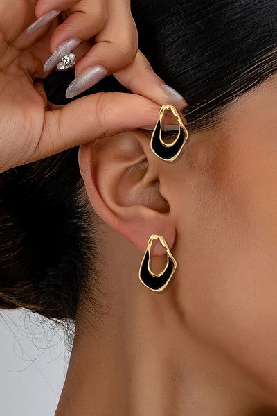 Glaren Asymmetrical Black Enameled Gold Color Women's Earrings