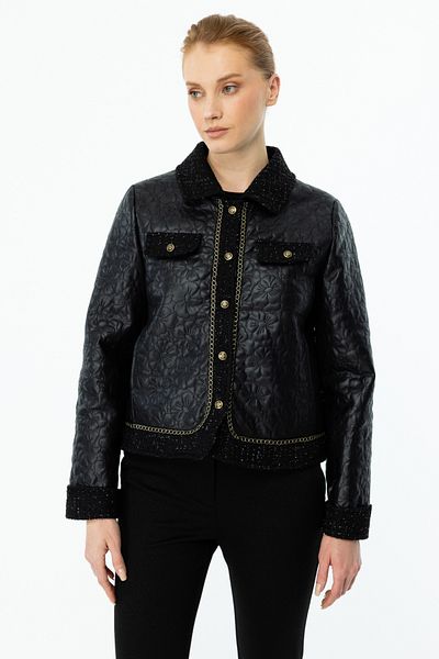 Ekol Palton de damă cu broderie florală cu sclipici negru 6011