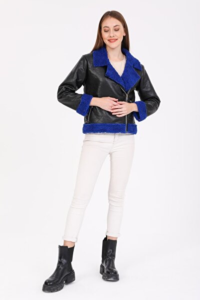 Reji Short Leather Coat with Fur Garnish