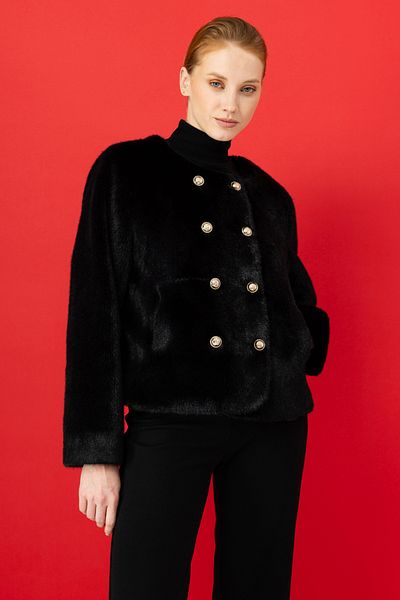 Ekol Black Plush Coat 7041 - Women'S, Button Detail
