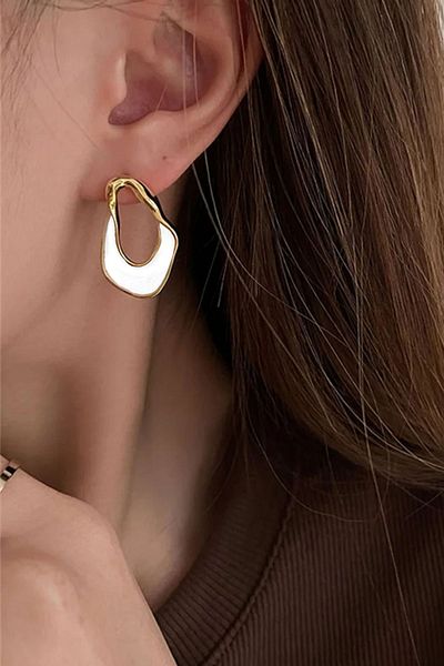Glaren Asymmetric White Enameled Gold Color Women's Earrings