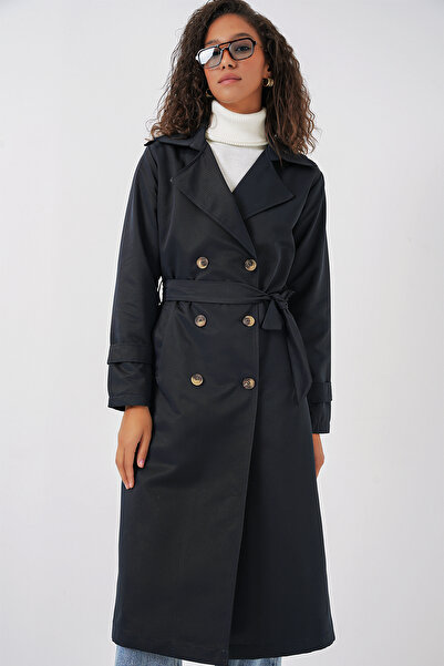 Bigdart 5940 Kadın Kruvaze Yaka Uzun Trençkot - Lacivert