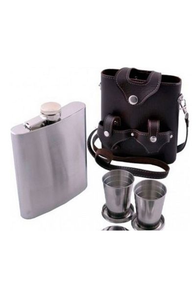 t camp Steel Flask Set - with Folding Glass, Leather Cover, Two Glasses