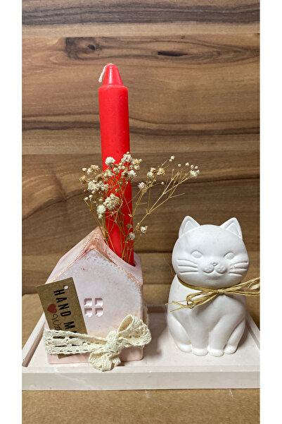 Cats&Kids Dekoratif Ev Mumluk/ Çiçeklik ve Kedi Obje, Sunum Tabağı Hediye Set...