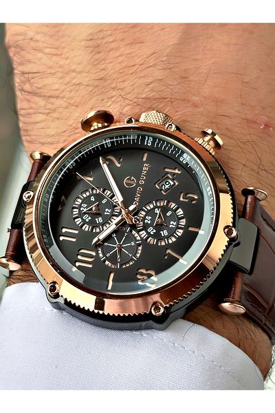 DAVID GUNER Function Brown Color Leather Band Men's Wrist Watch 8247S6