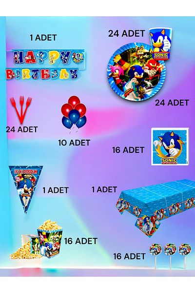 VibeHome Sonic Themed Ultra Luxury Set for 24 - Birthday Party and Fun Events