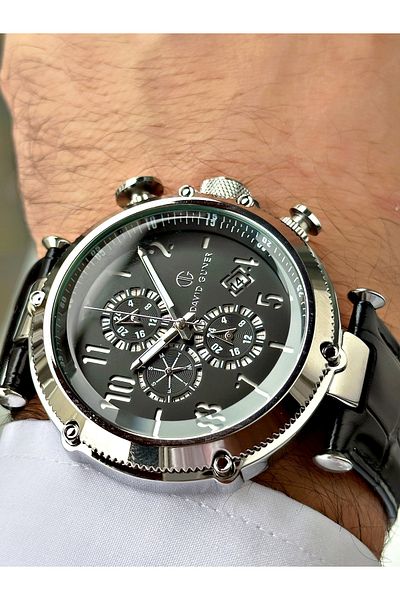 DAVID GUNER Function Black Color Leather Band Men's Wrist Watch 8247B3