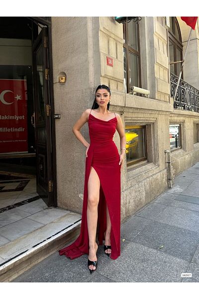 mafdress Γυναικείο βραδινό φόρεμα από ύφασμα Fukuro με λουράκι με κόκκινο σχοινί
