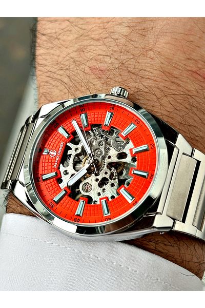 DAVID GUNER Men's Wrist Watch with Automatic Mechanism Silver-Red Color Steel Band 8653A11