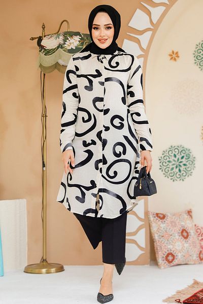 Neva Style تونيك حجاب أسود منقوش - 11714S