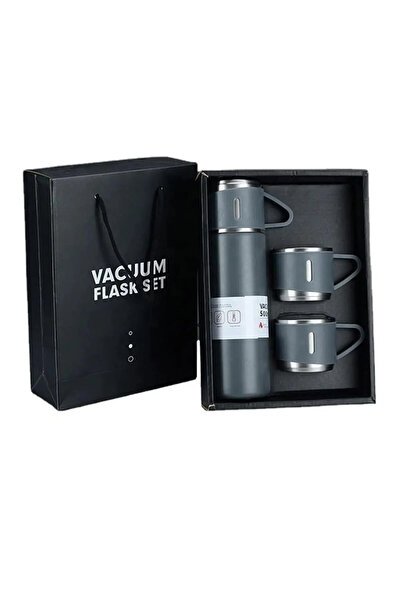 YclShop Vacuum Flask Set Üç Bardaklı Kutulu Paslanmaz Çelik Termos Seti 500 Ml